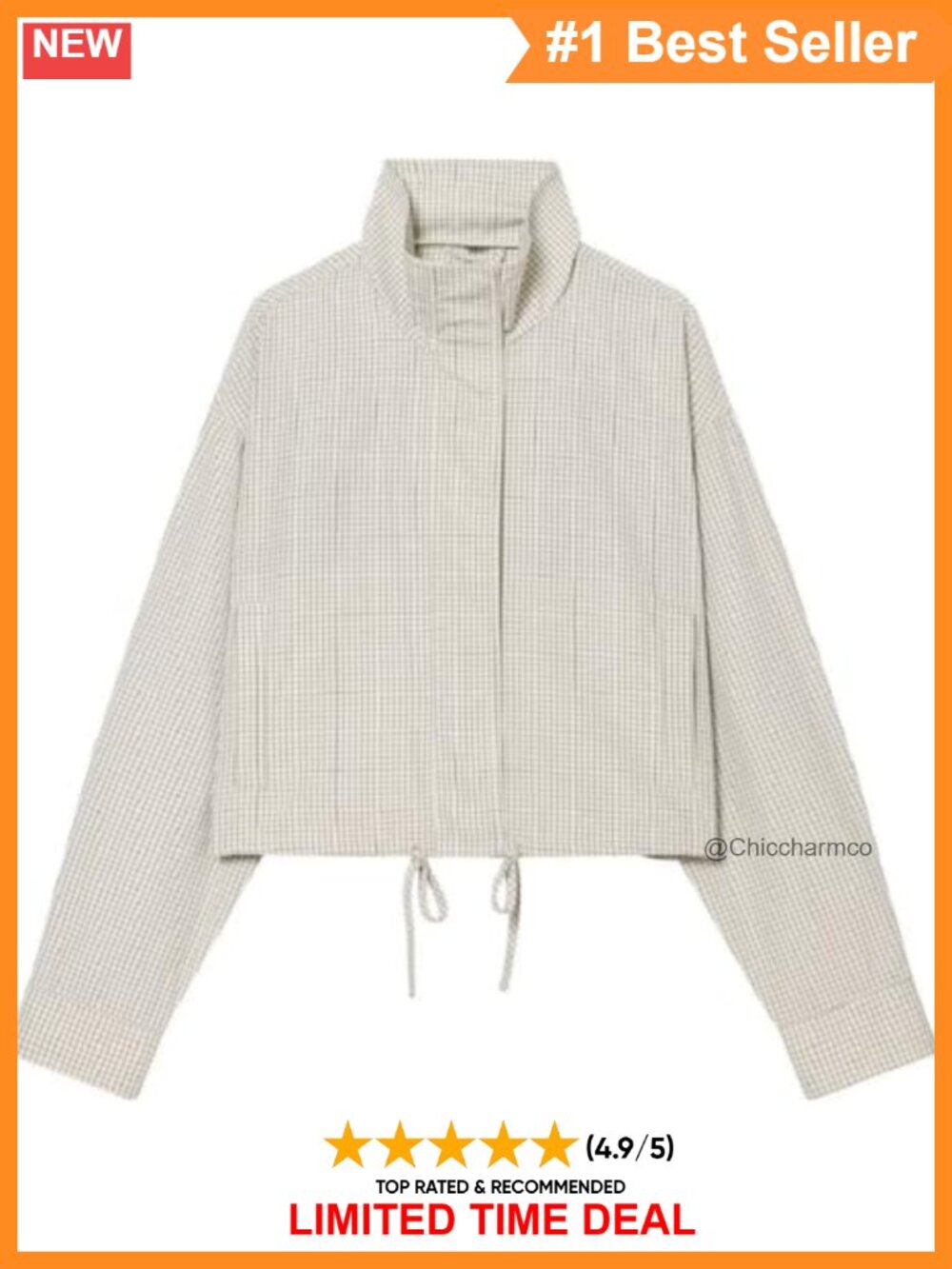 Lightweight Plaid Funnel Neck Cropped Zip Up Jacket Casual Coat